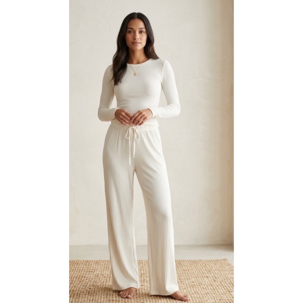 SKIMS Soft Lounge Sleep Pants Bone White Ribbed Wide Leg Size M